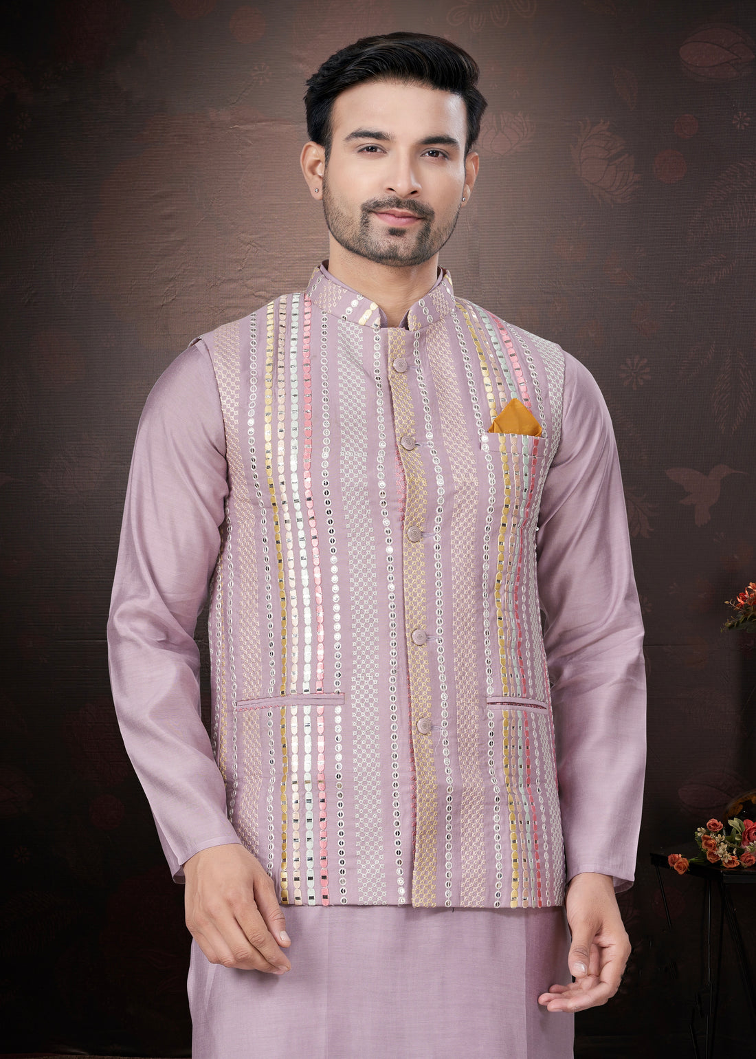 Lavender Pure Silk Mirror Work Jacket Kurta Pajama Set