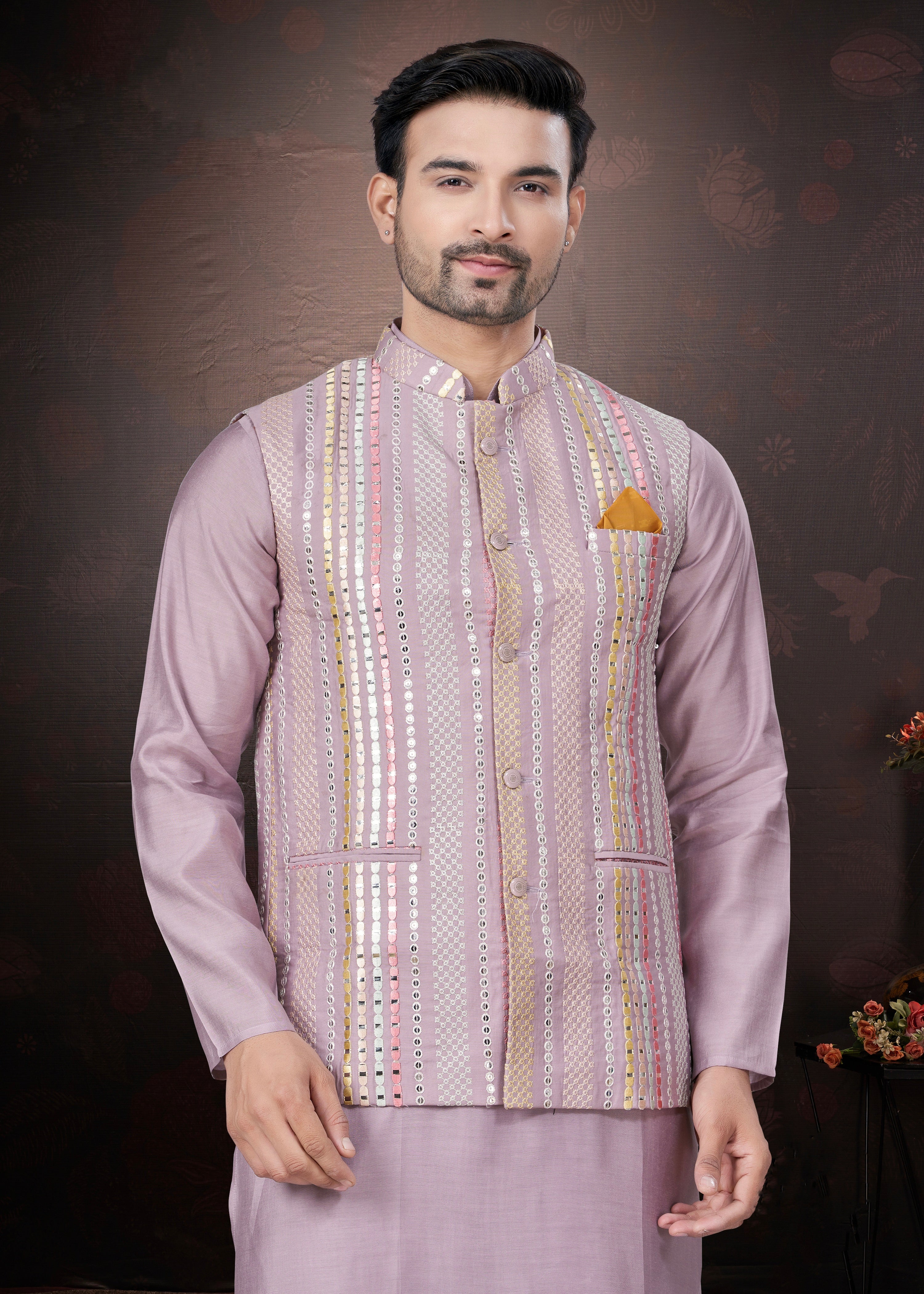 Lavender Pure Silk Mirror Work Jacket Kurta Pajama Set