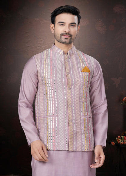 Lavender Pure Silk Mirror Work Jacket Kurta Pajama Set