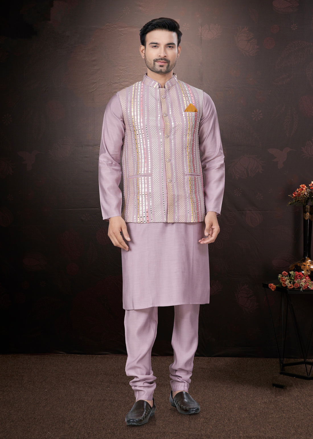Lavender Pure Silk Mirror Work Jacket Kurta Pajama Set