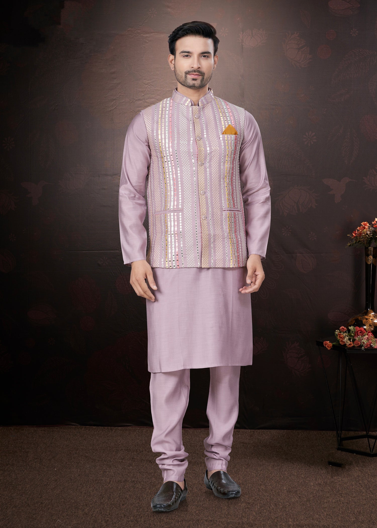 Lavender Pure Silk Mirror Work Jacket Kurta Pajama Set