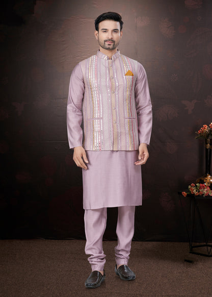 Lavender Pure Silk Mirror Work Jacket Kurta Pajama Set