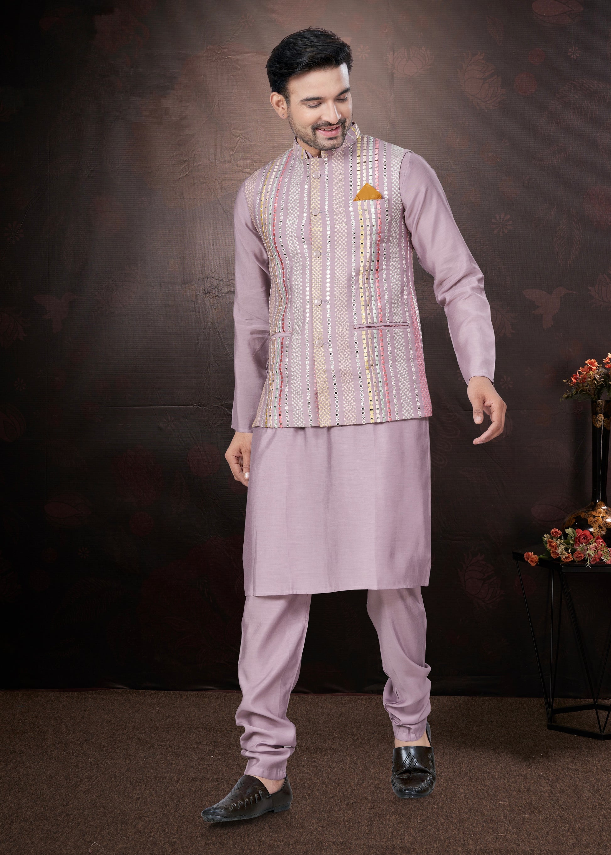 Lavender Pure Silk Mirror Work Jacket Kurta Pajama Set