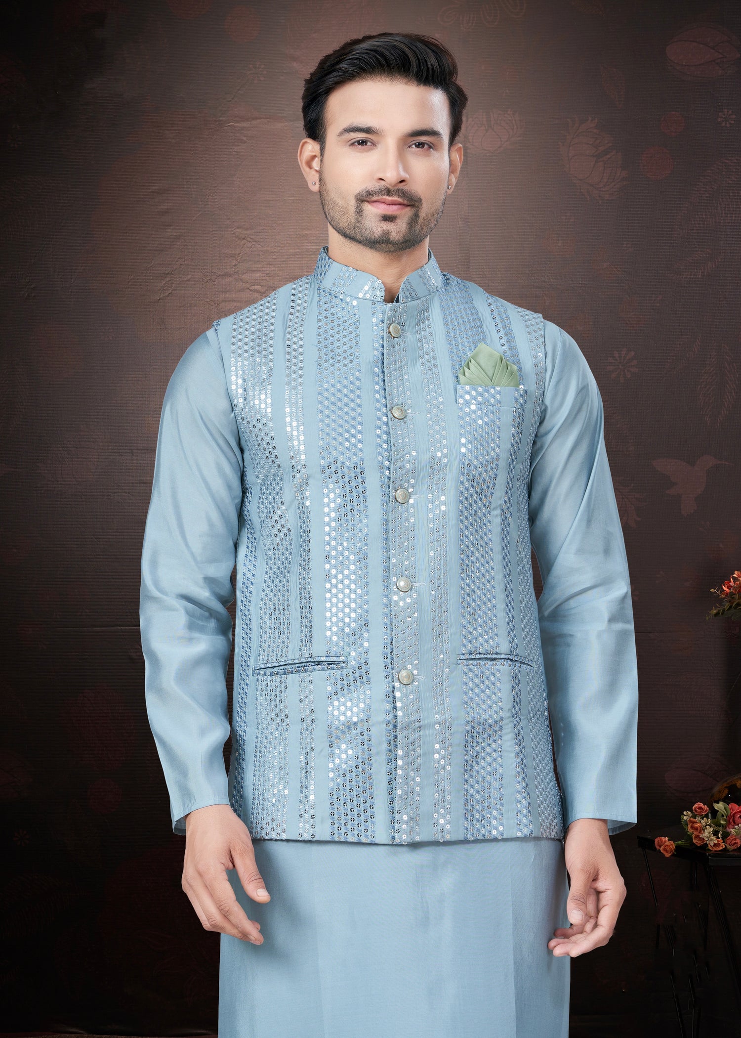 Light Blue Pure Silk Mirror Work Jacket Kurta Pajama Set
