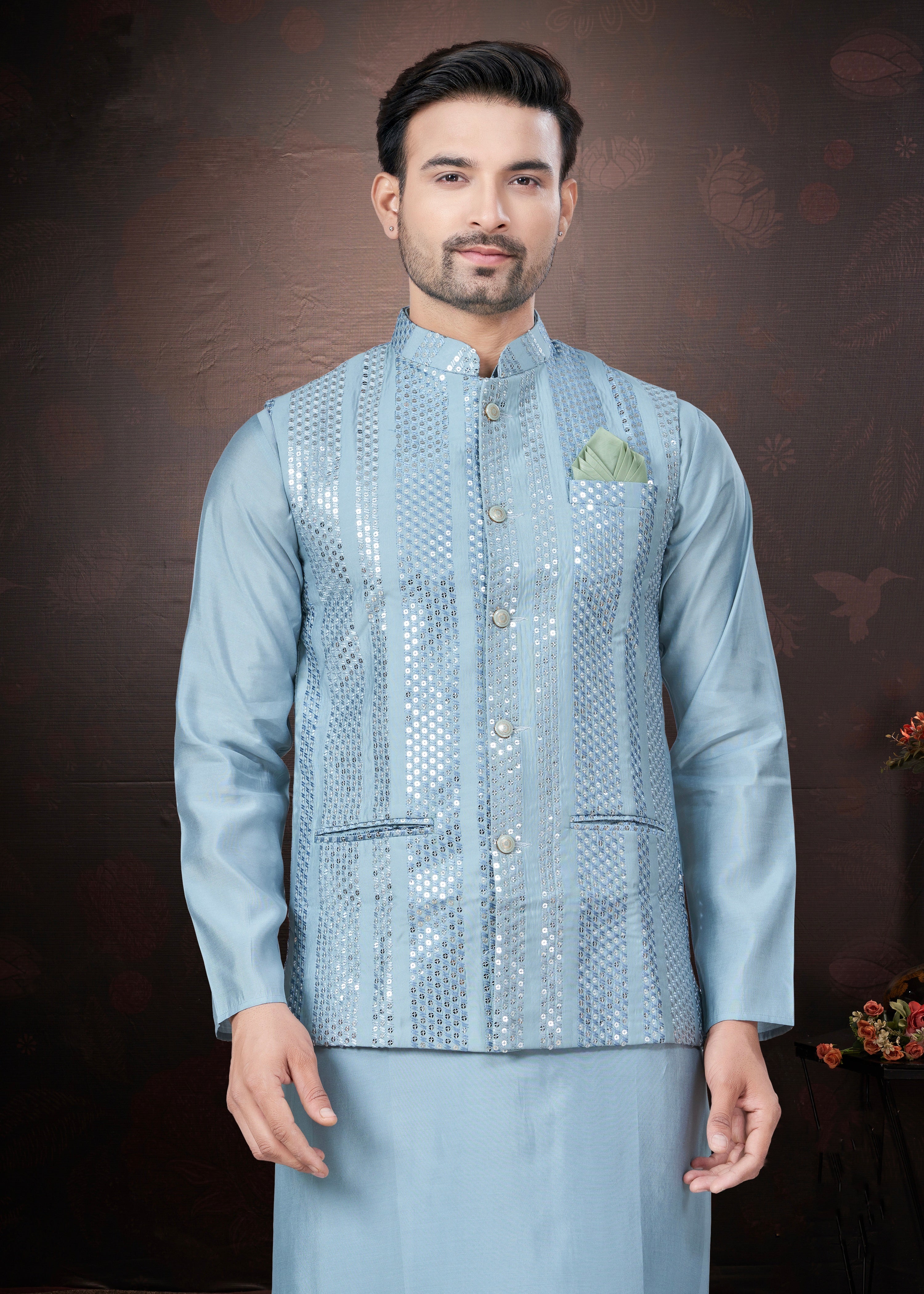 Light Blue Pure Silk Mirror Work Jacket Kurta Pajama Set
