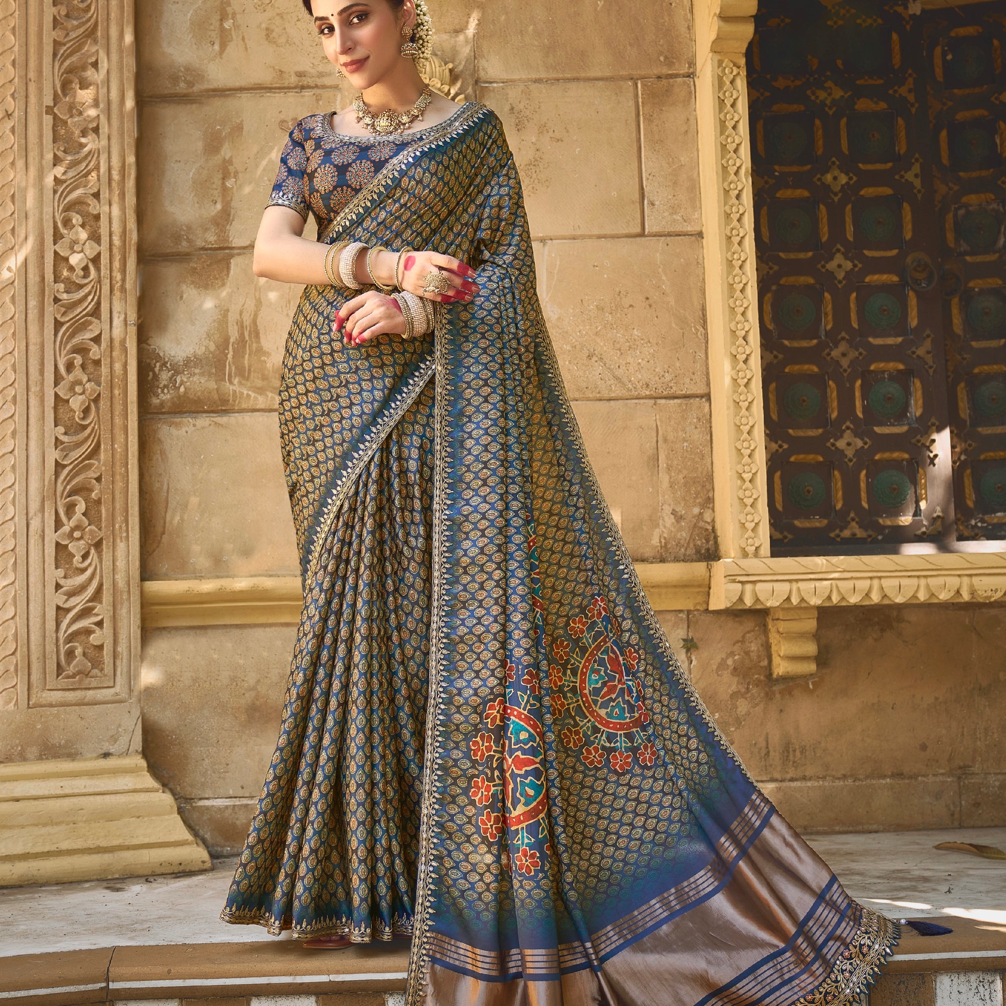 Green Gajji Silk Saree with Gota and Handwork