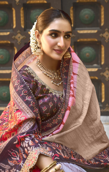 Beige Bhagalpuri Silk Saree with Pure Gota Work