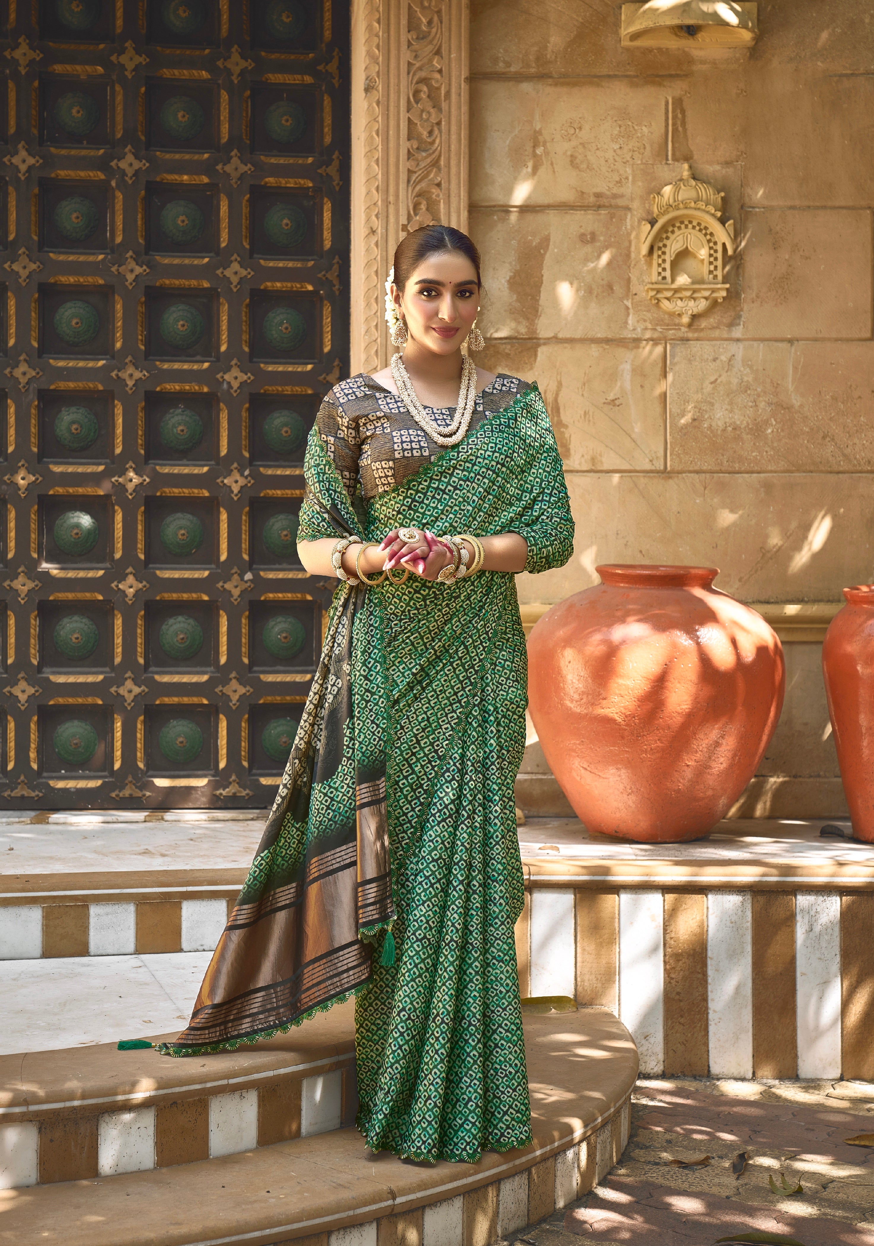 Green Gajji Silk Saree with Pure Handwork