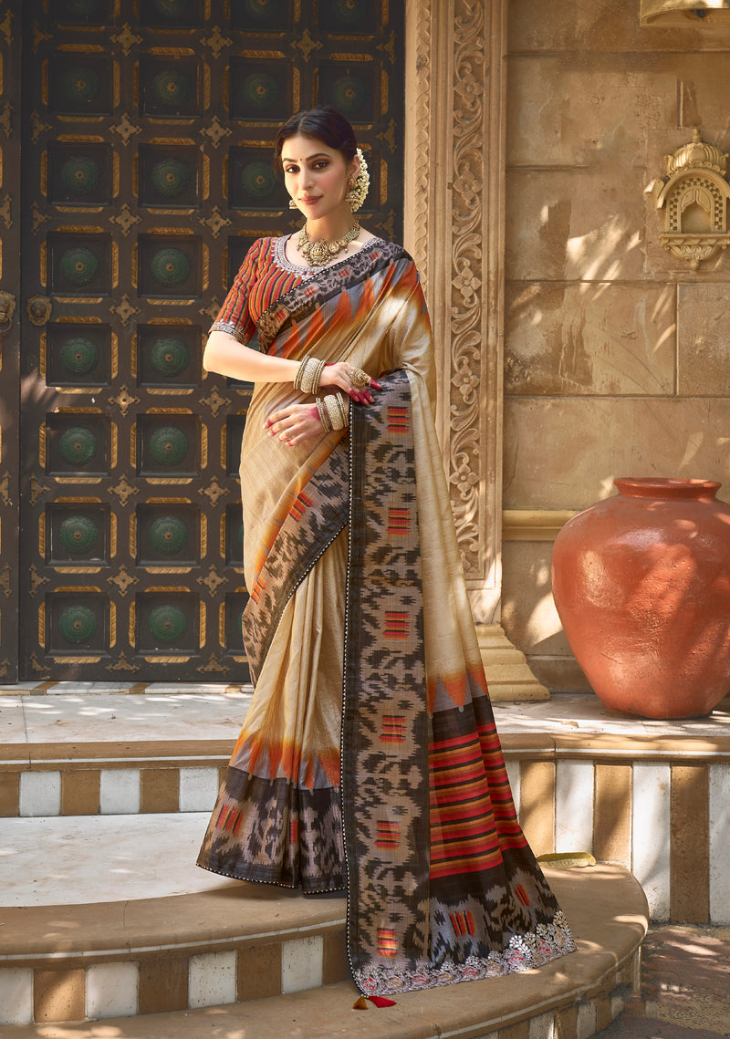 Beige Bhagalpuri Silk Saree with Pure Gota Work