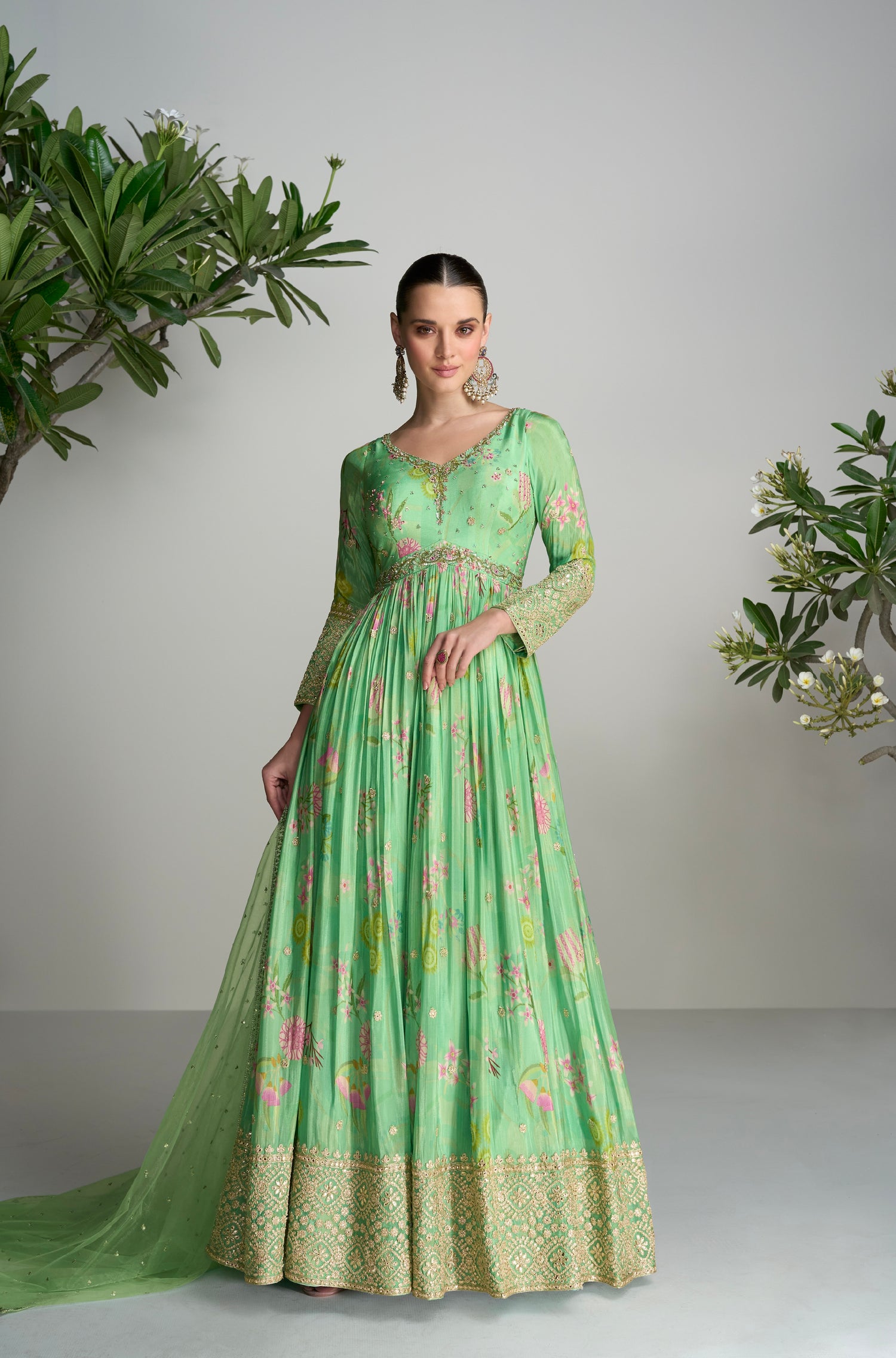 Light Green Floral Anarkali Suit in Real Chinon with Soft Net Dupatta Light Green Floral Anarkali Suit in Real Chinon with Soft Net Dupatta