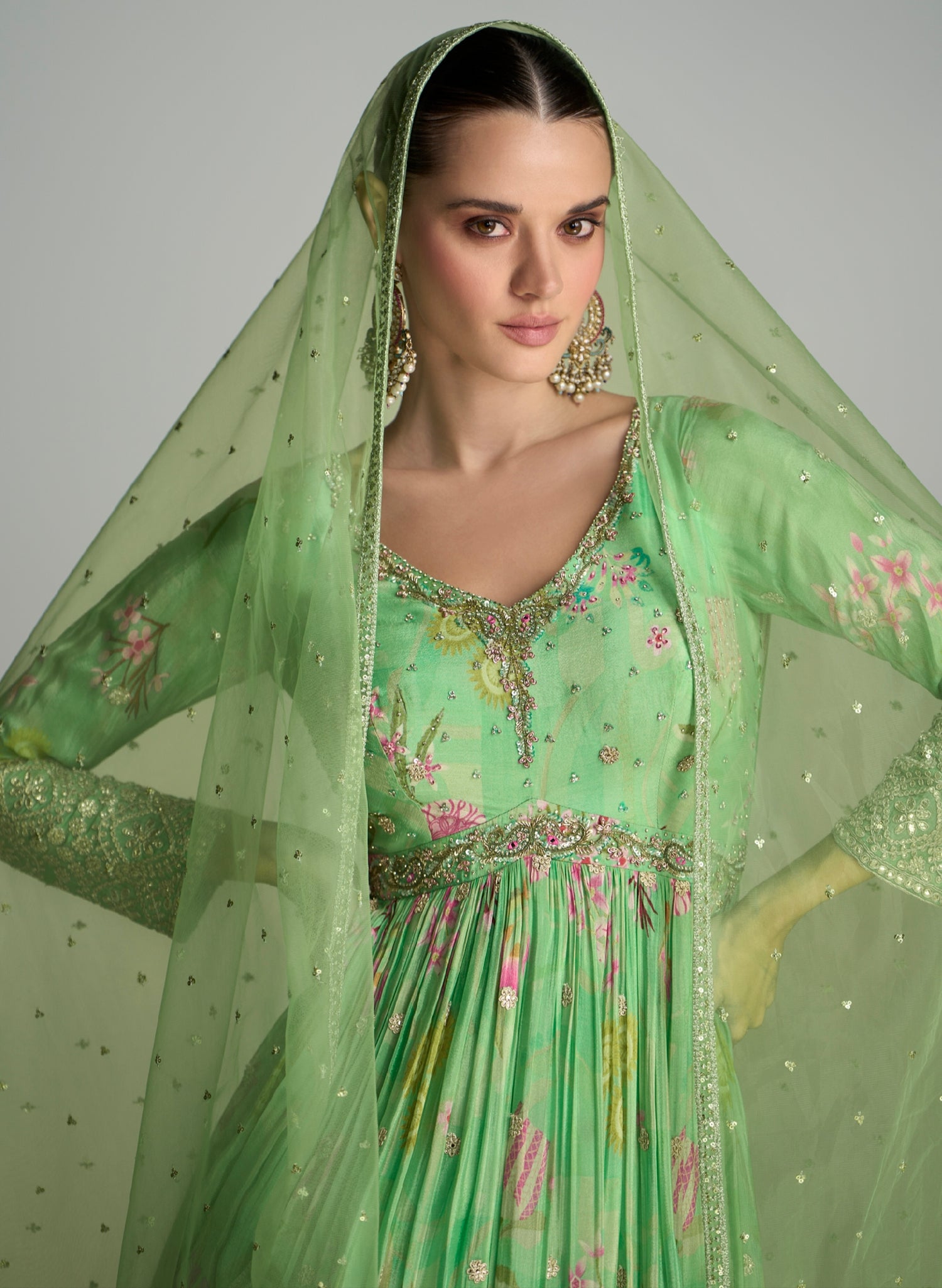Light Green Floral Anarkali Suit in Real Chinon &amp; Natural Creap with Soft Net Dupatta