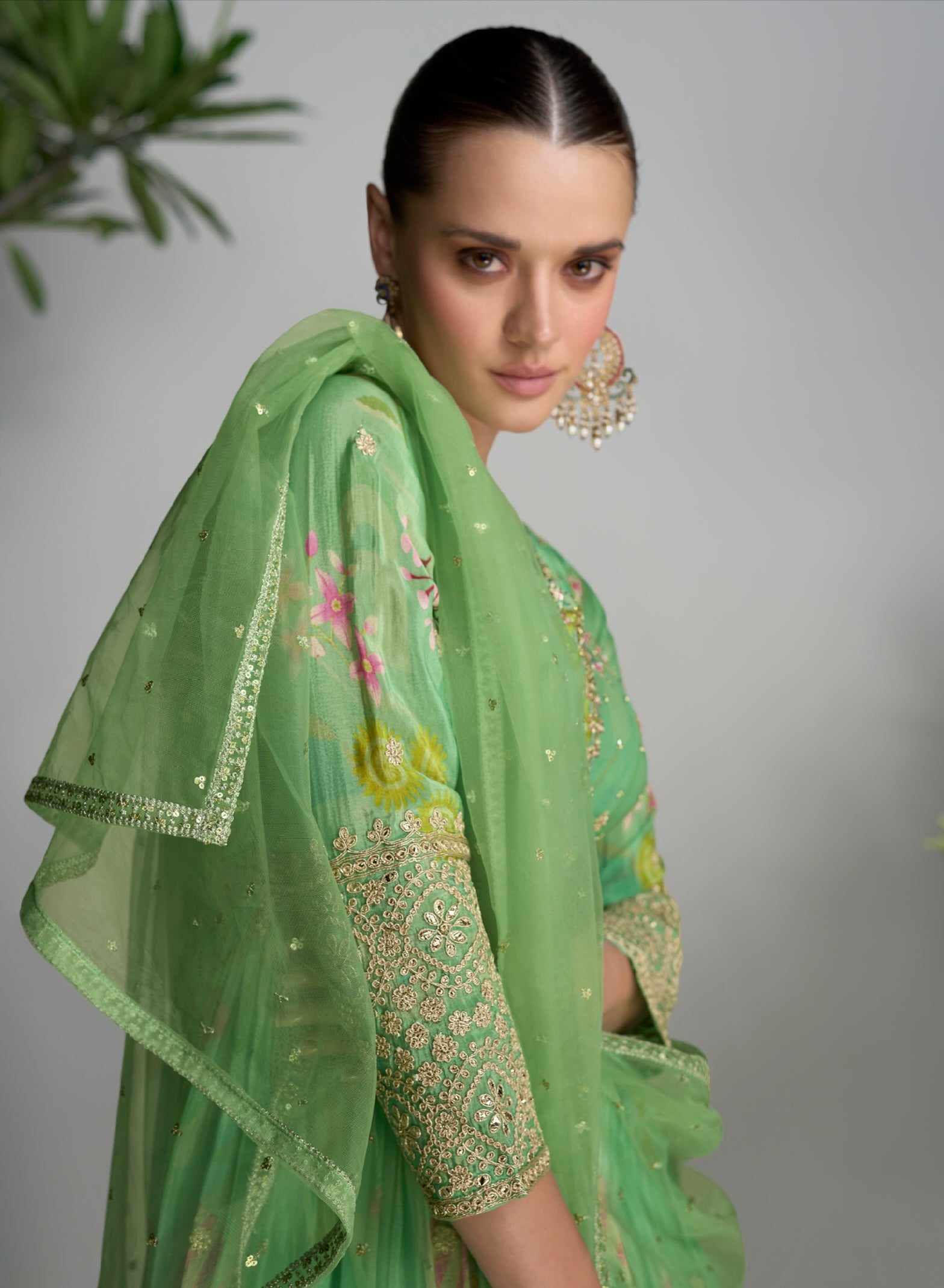 Light Green Floral Anarkali Suit in Real Chinon &amp; Natural Creap with Soft Net Dupatta