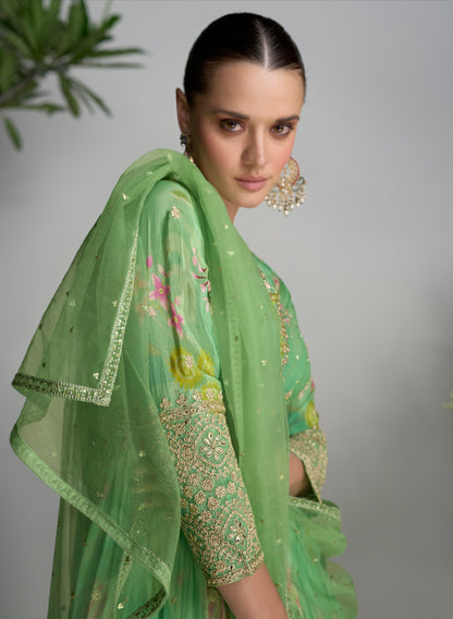 Light Green Floral Anarkali Suit in Real Chinon &amp; Natural Creap with Soft Net Dupatta
