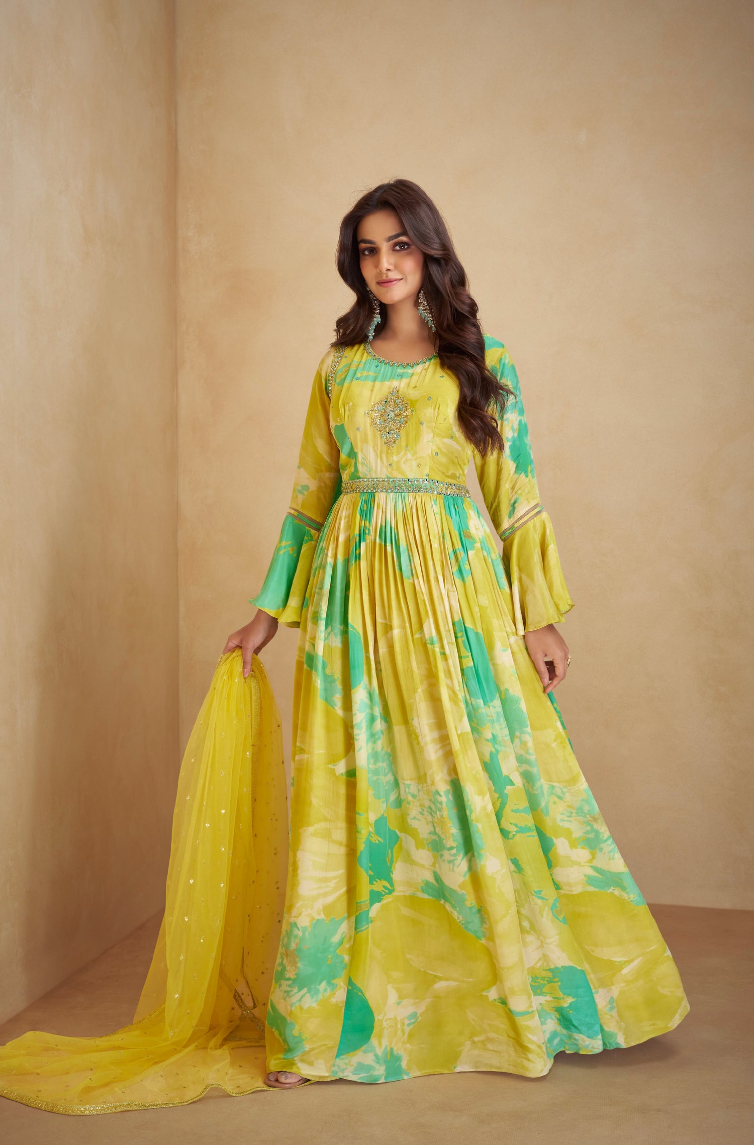Yellow and Green Floral Anarkali Suit in Real Chinon &amp; Natural Creap with Soft Net Dupatta