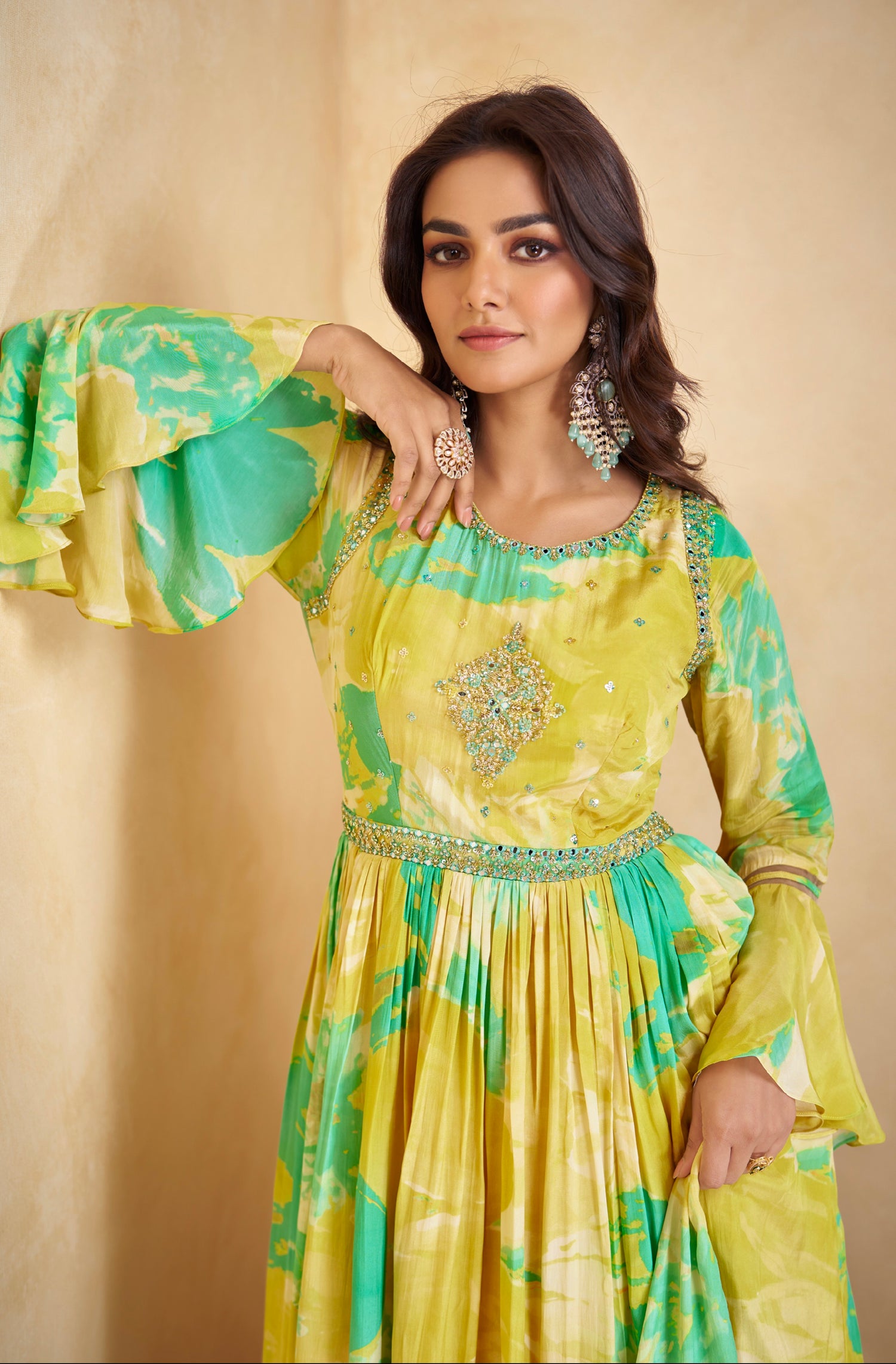 Yellow and Green Floral Anarkali Suit in Real Chinon &amp; Natural Creap with Soft Net Dupatta