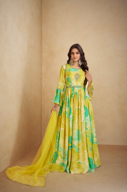 Yellow and Green Floral Anarkali Suit in Real Chinon &amp; Natural Creap with Soft Net Dupatta