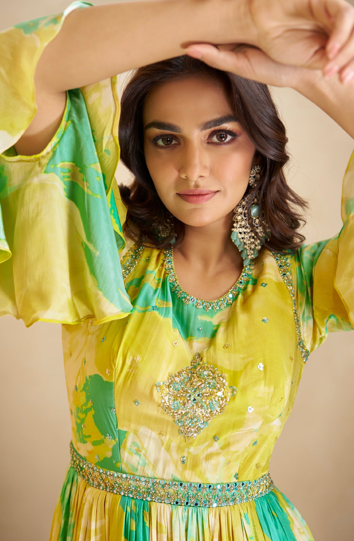 Yellow and Green Floral Anarkali Suit in Real Chinon &amp; Natural Creap with Soft Net Dupatta