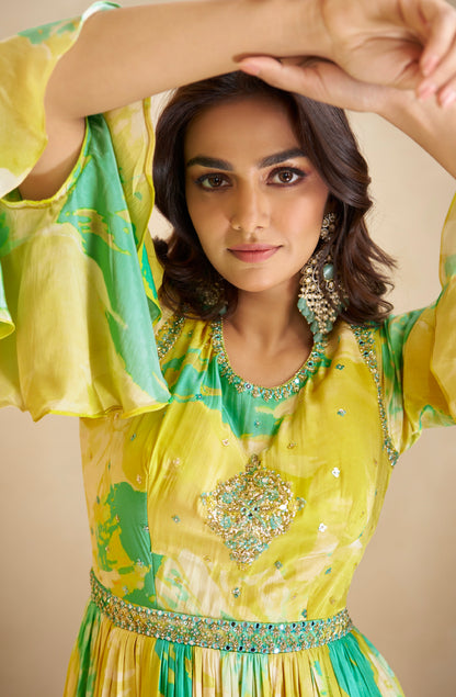 Yellow and Green Floral Anarkali Suit in Real Chinon &amp; Natural Creap with Soft Net Dupatta