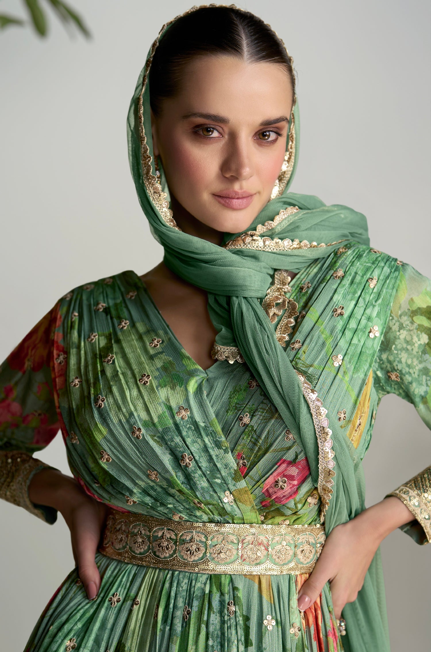Dark Green Floral Anarkali Suit in Real Chinon &amp; Natural Creap with Soft Net Dupatta