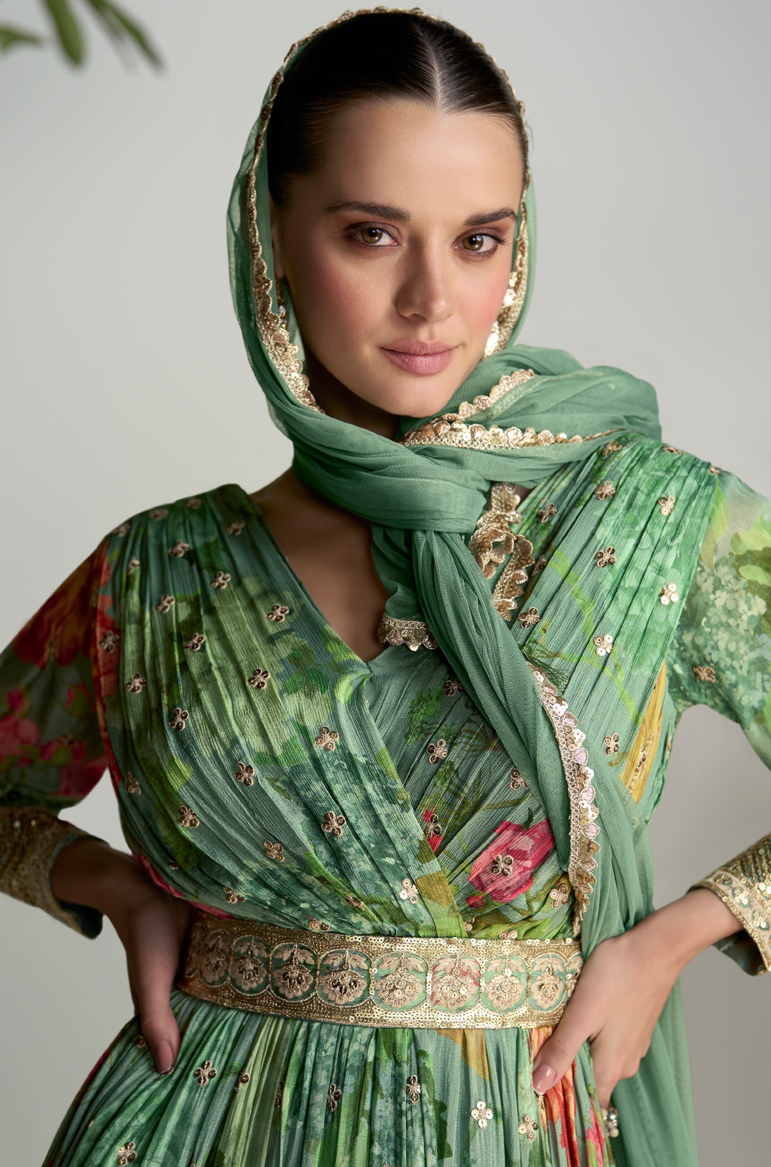 Dark Green Floral Anarkali Suit in Real Chinon &amp; Natural Creap with Soft Net Dupatta