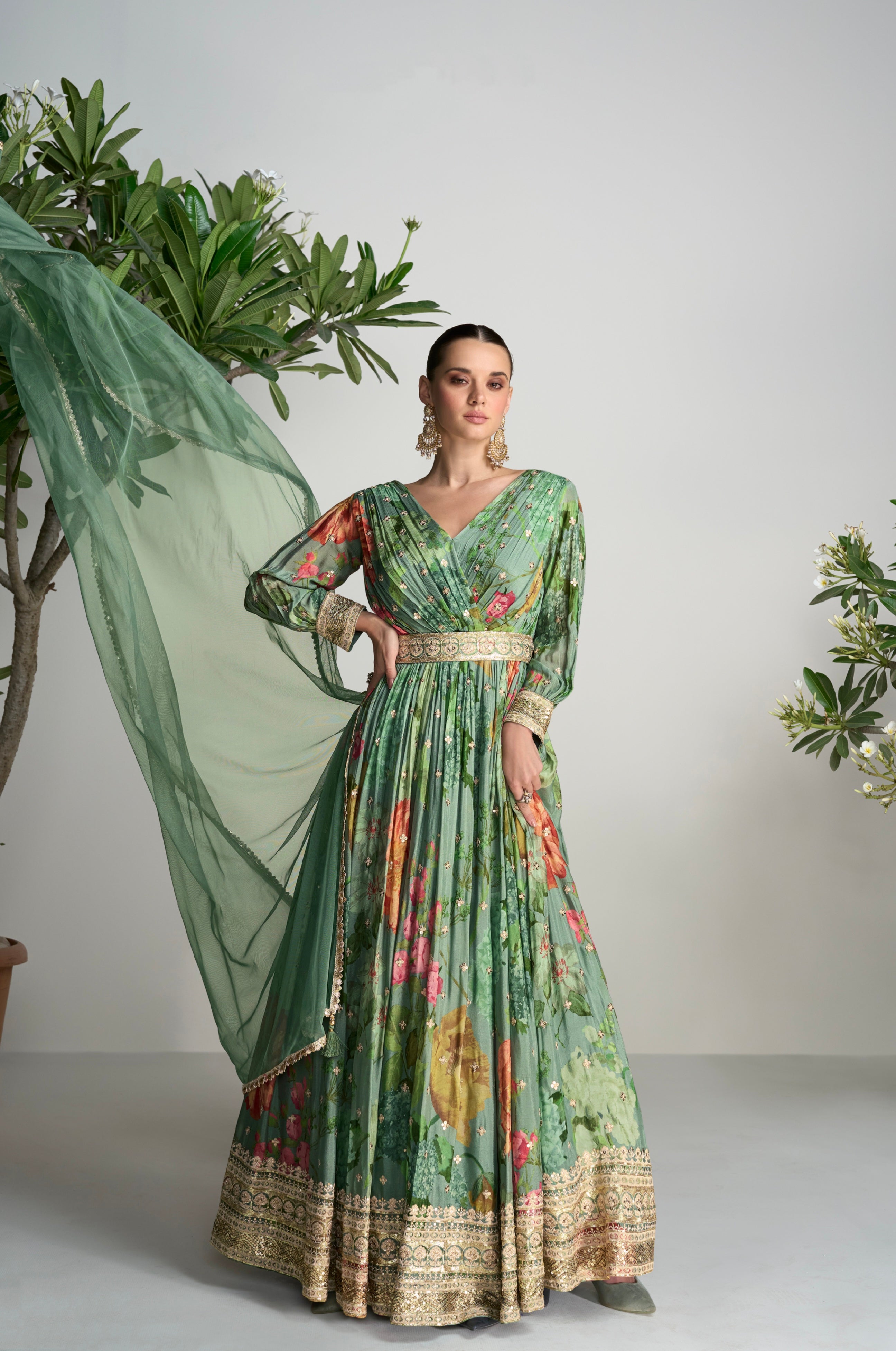 Dark Green Floral Anarkali Suit in Real Chinon &amp; Natural Creap with Soft Net Dupatta