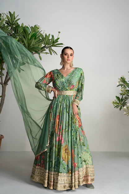 Dark Green Floral Anarkali Suit in Real Chinon &amp; Natural Creap with Soft Net Dupatta