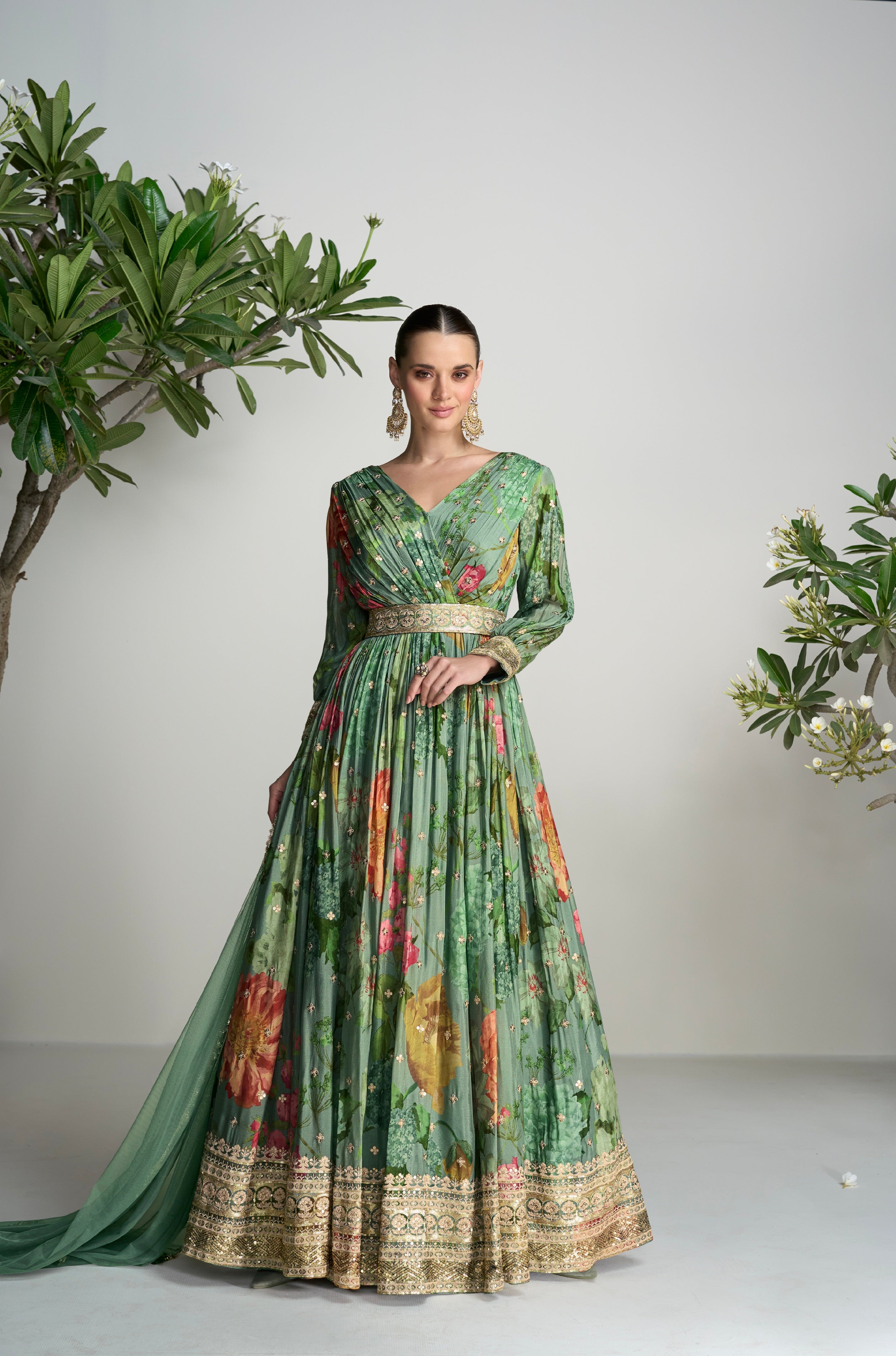 Dark Green Floral Anarkali Suit in Real Chinon &amp; Natural Creap with Soft Net Dupatta