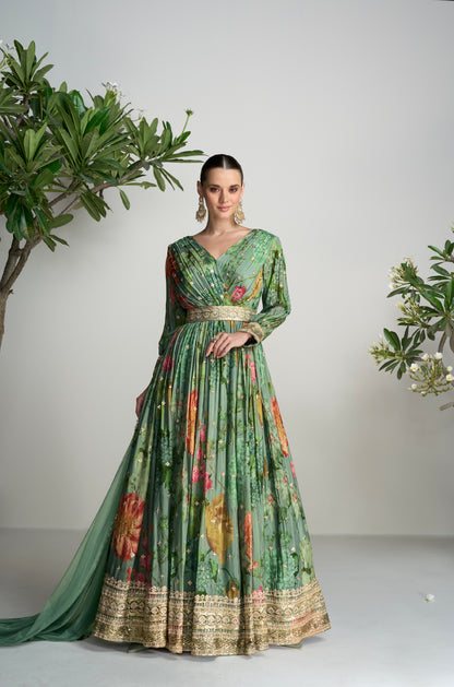 Dark Green Floral Anarkali Suit in Real Chinon &amp; Natural Creap with Soft Net Dupatta
