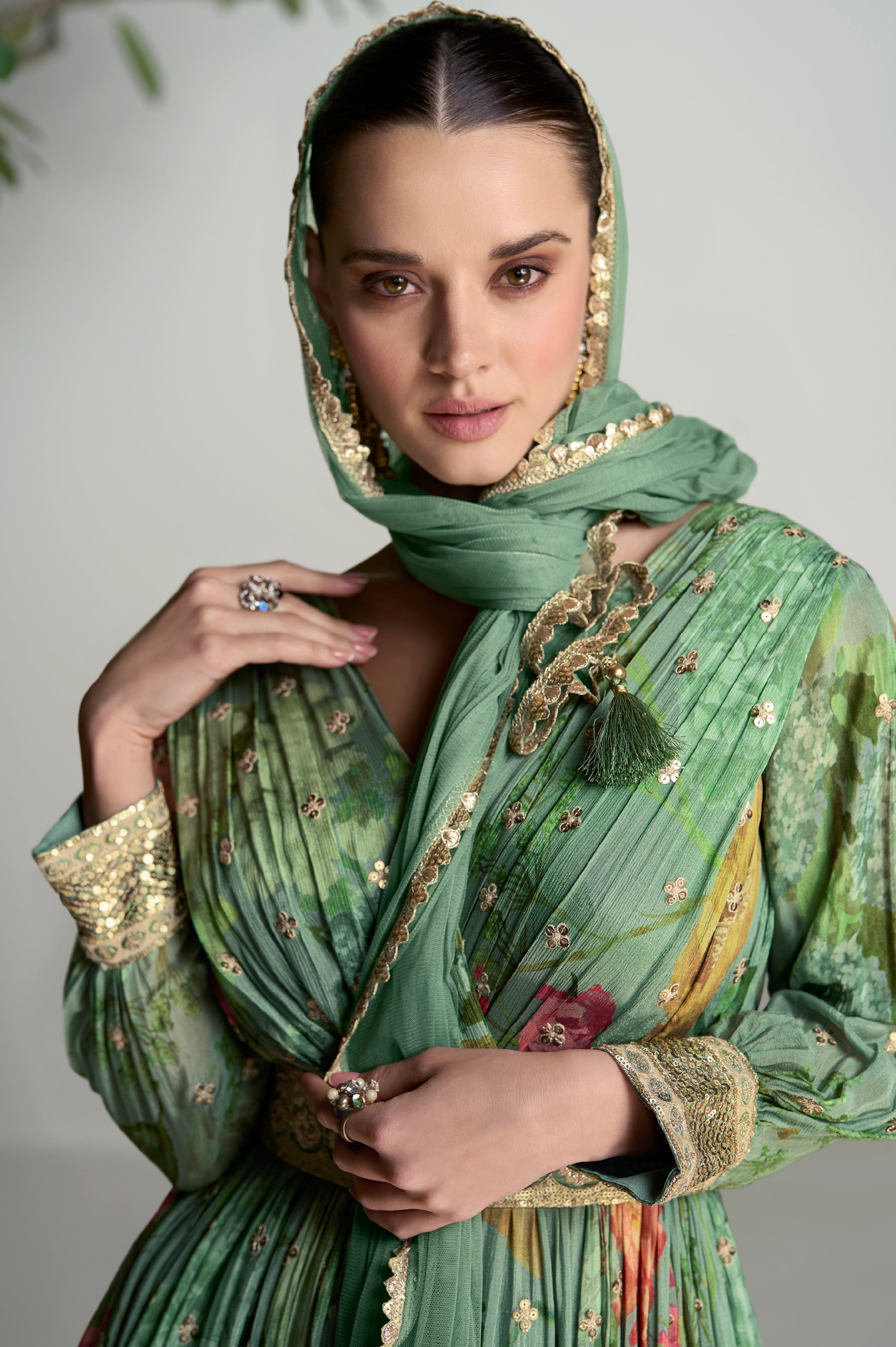 Dark Green Floral Anarkali Suit in Real Chinon &amp; Natural Creap with Soft Net Dupatta