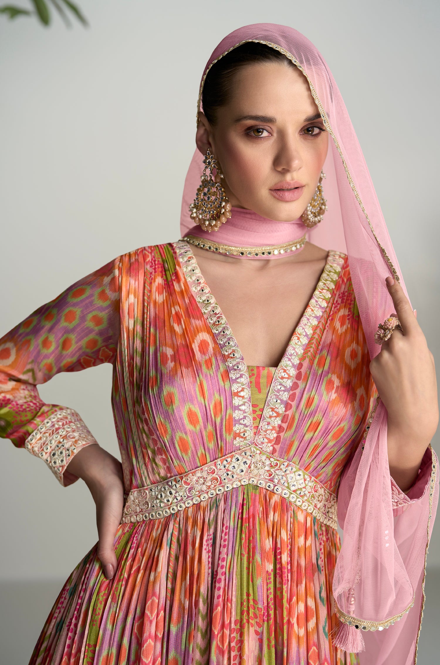 Multicolor Floral Anarkali Suit in Real Chinon &amp; Natural Creap with Soft Net Dupatta