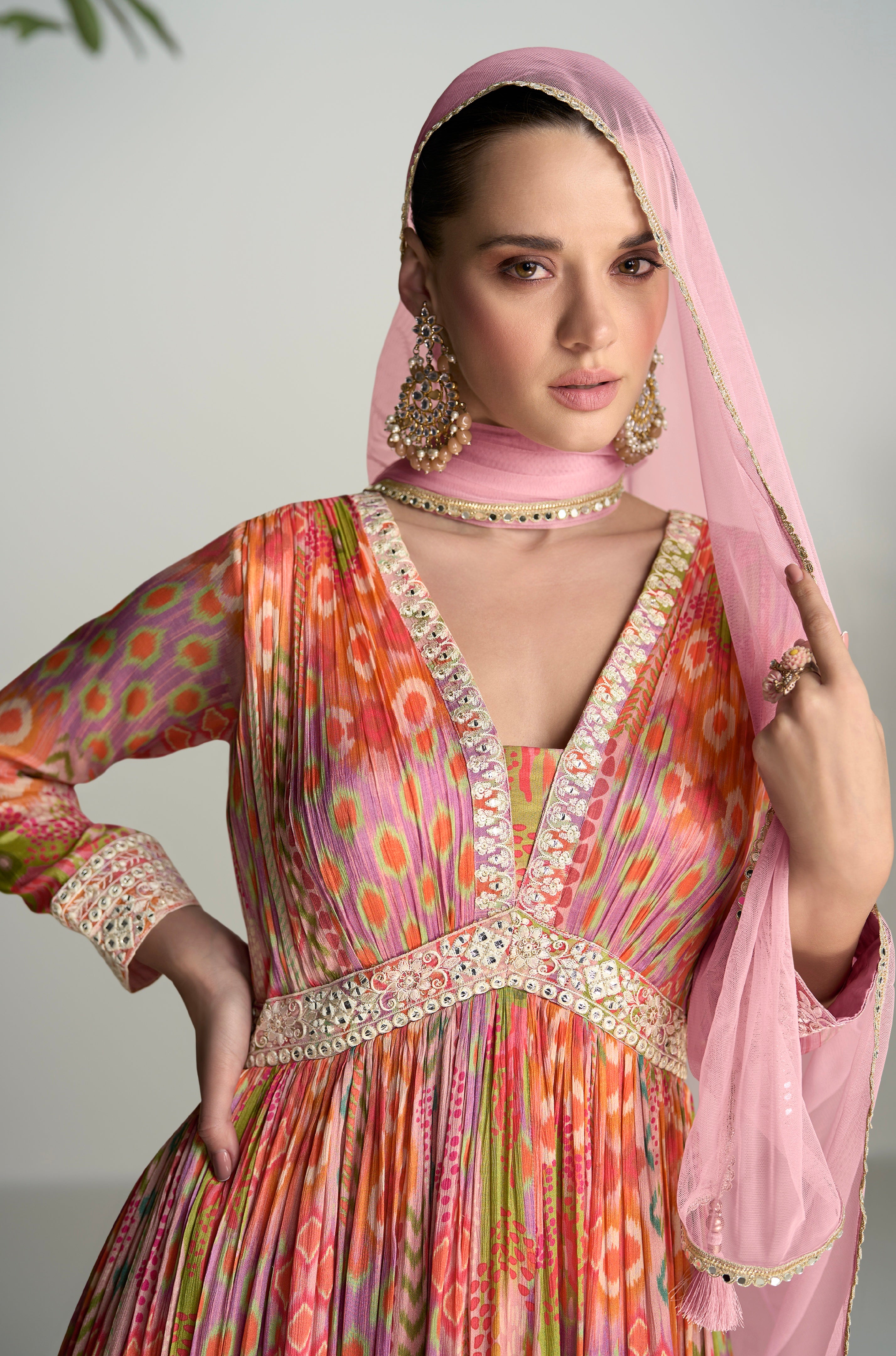 Multicolor Floral Anarkali Suit in Real Chinon &amp; Natural Creap with Soft Net Dupatta