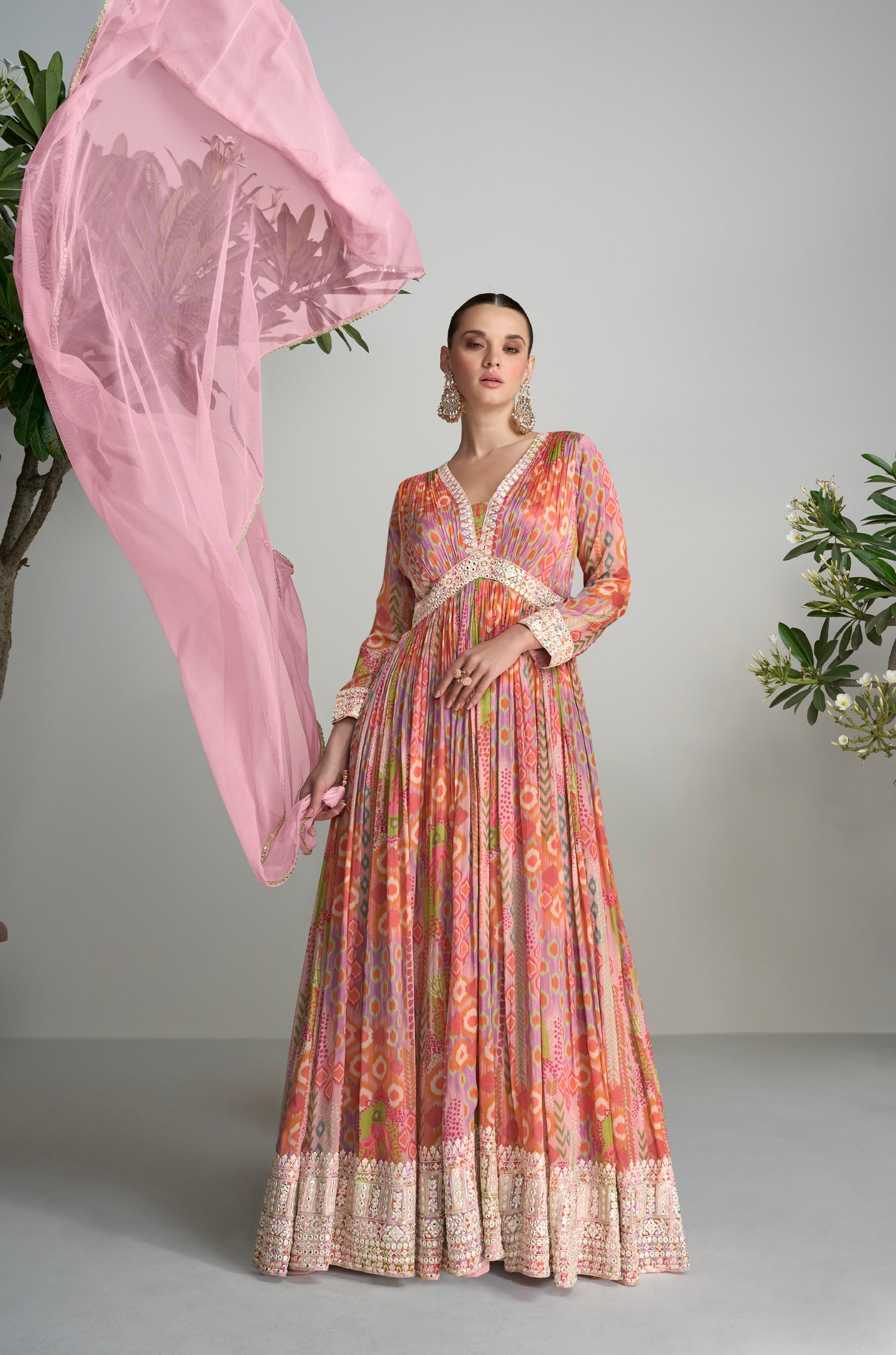 Multicolor Floral Anarkali Suit in Real Chinon &amp; Natural Creap with Soft Net Dupatta