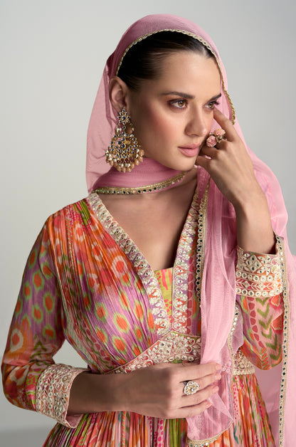 Multicolor Floral Anarkali Suit in Real Chinon &amp; Natural Creap with Soft Net Dupatta
