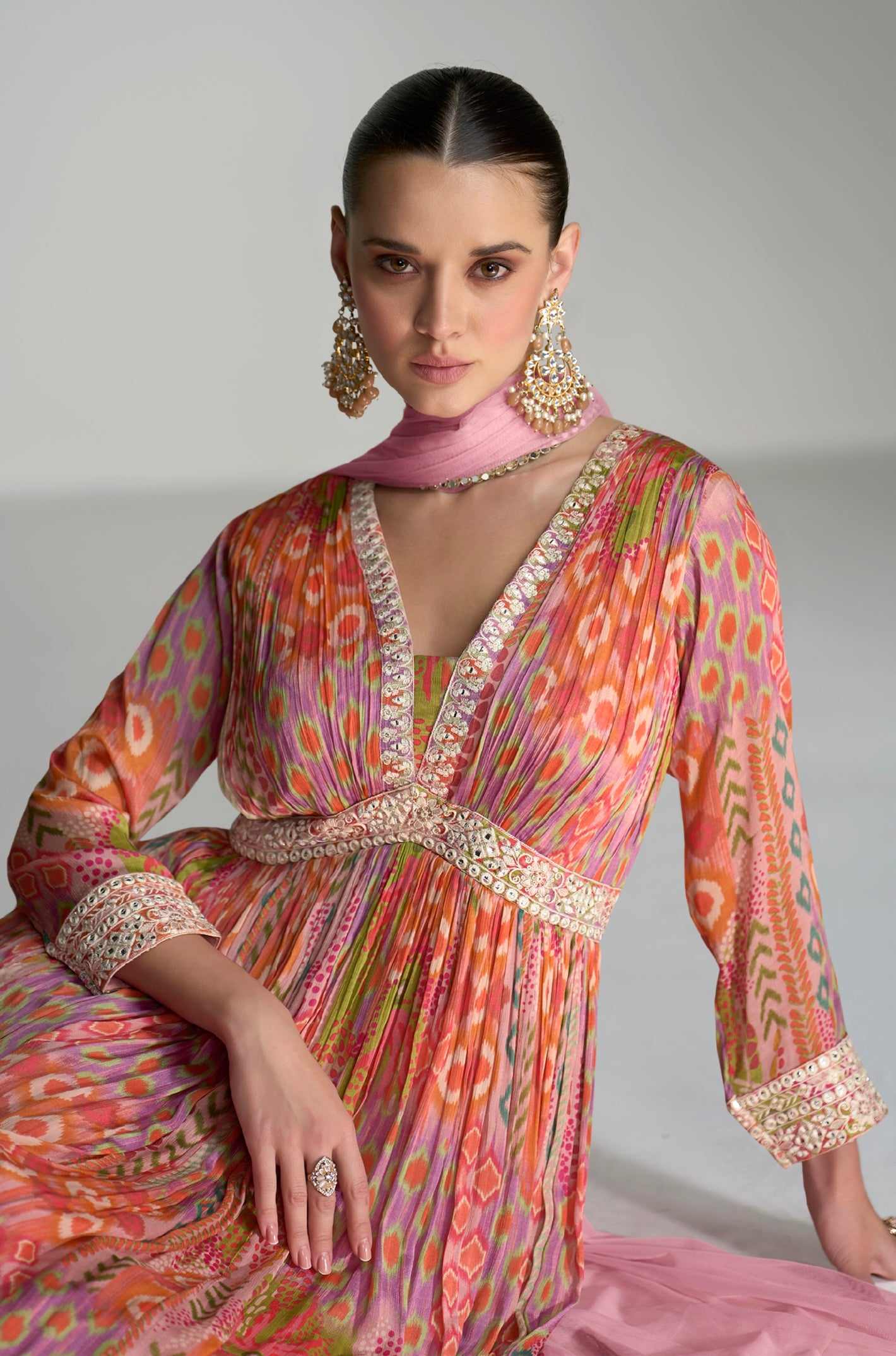Multicolor Floral Anarkali Suit in Real Chinon &amp; Natural Creap with Soft Net Dupatta