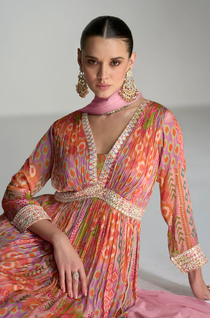 Multicolor Floral Anarkali Suit in Real Chinon &amp; Natural Creap with Soft Net Dupatta