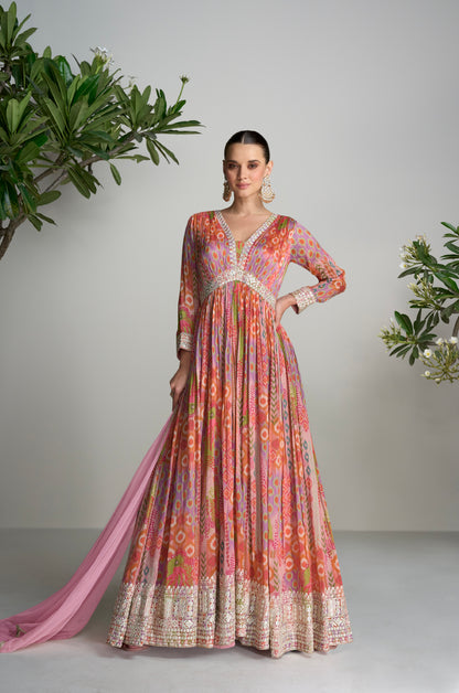 Multicolor Floral Anarkali Suit in Real Chinon &amp; Natural Creap with Soft Net Dupatta