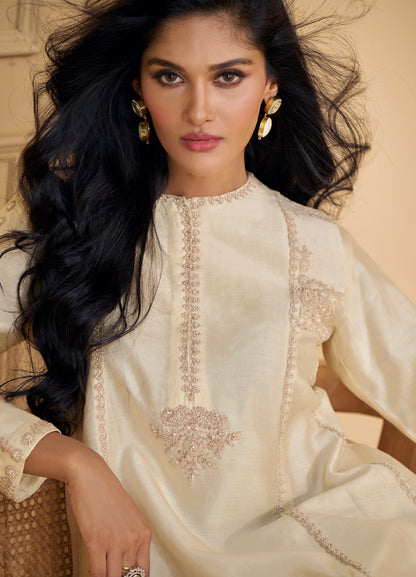Ivory Pure Silk Palazzo Suit with Embroidered Organza Dupatta