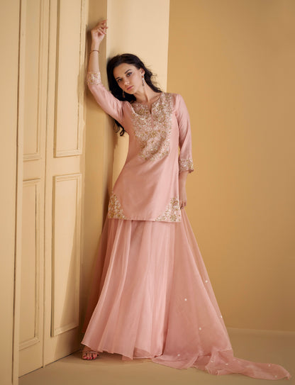 Blush Pink Pure Silk Palazzo Suit with Embroidered Organza Dupatta | Buy Online at Anant Exports Blush Pink Pure Silk Palazzo Suit with Embroidered Organza Dupatta | Buy Online at Anant Exports
