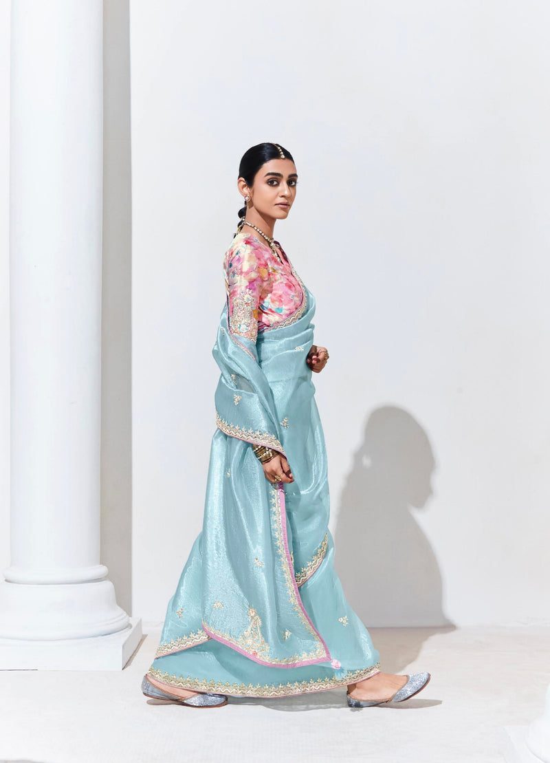 Sky Blue Glass Tissue Saree with Sequins and Thread Embroidery