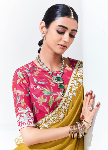 Mustard Yellow Organza Saree with Sequins and Thread Embroidery