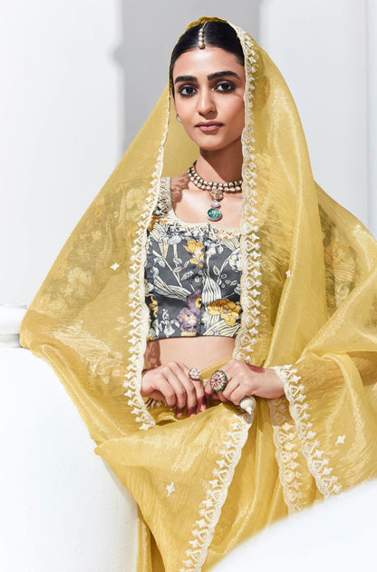 Yellow Glass Tissue Saree with Sequins and Thread Embroidery