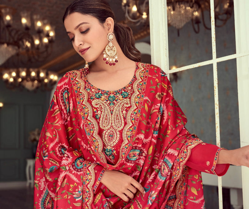 Red Palazzo Suit in Real Georgette with Heavy Santoon and Chinnon Dupatta