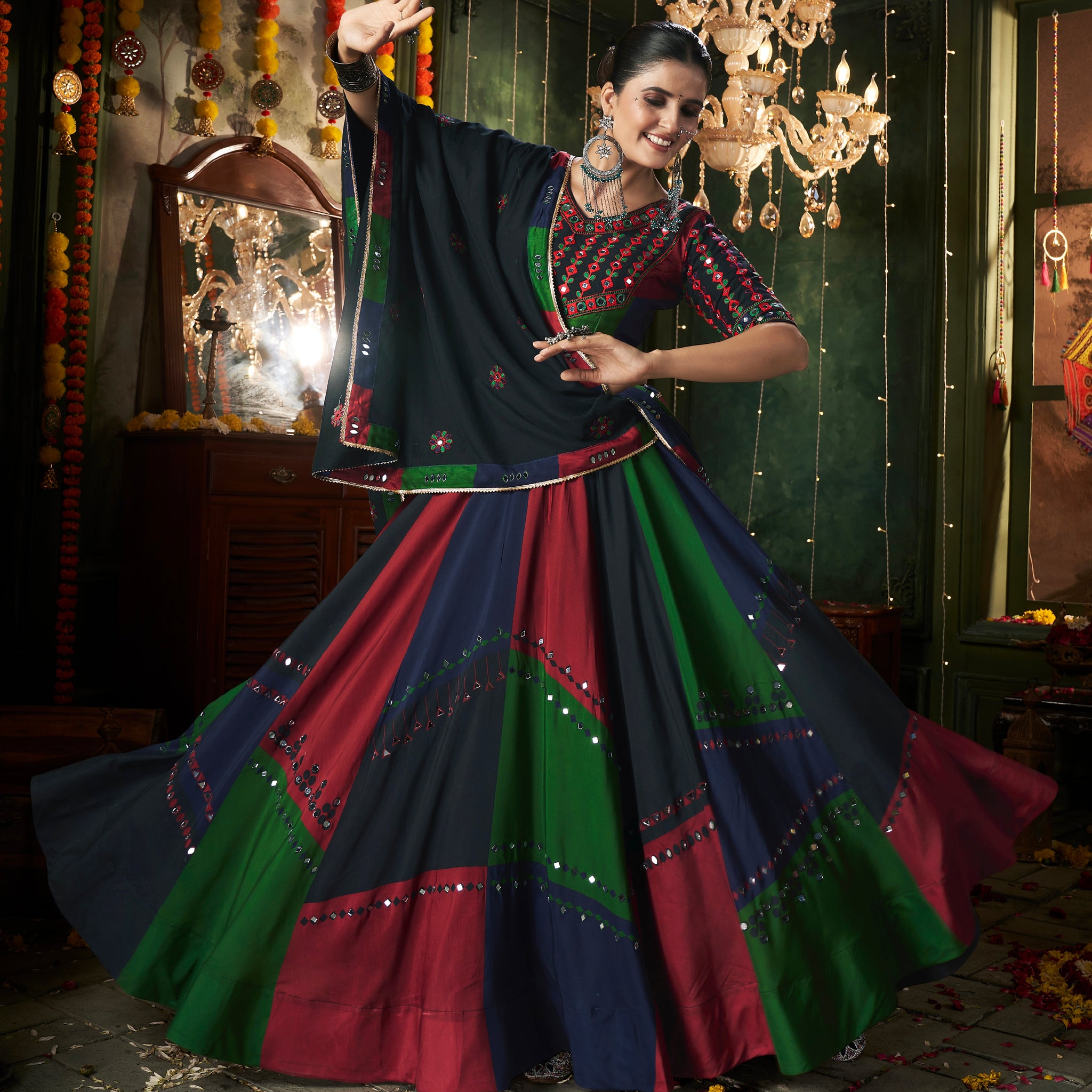 Multi-Color Maslin Cotton Chaniya Choli with Mirror Work