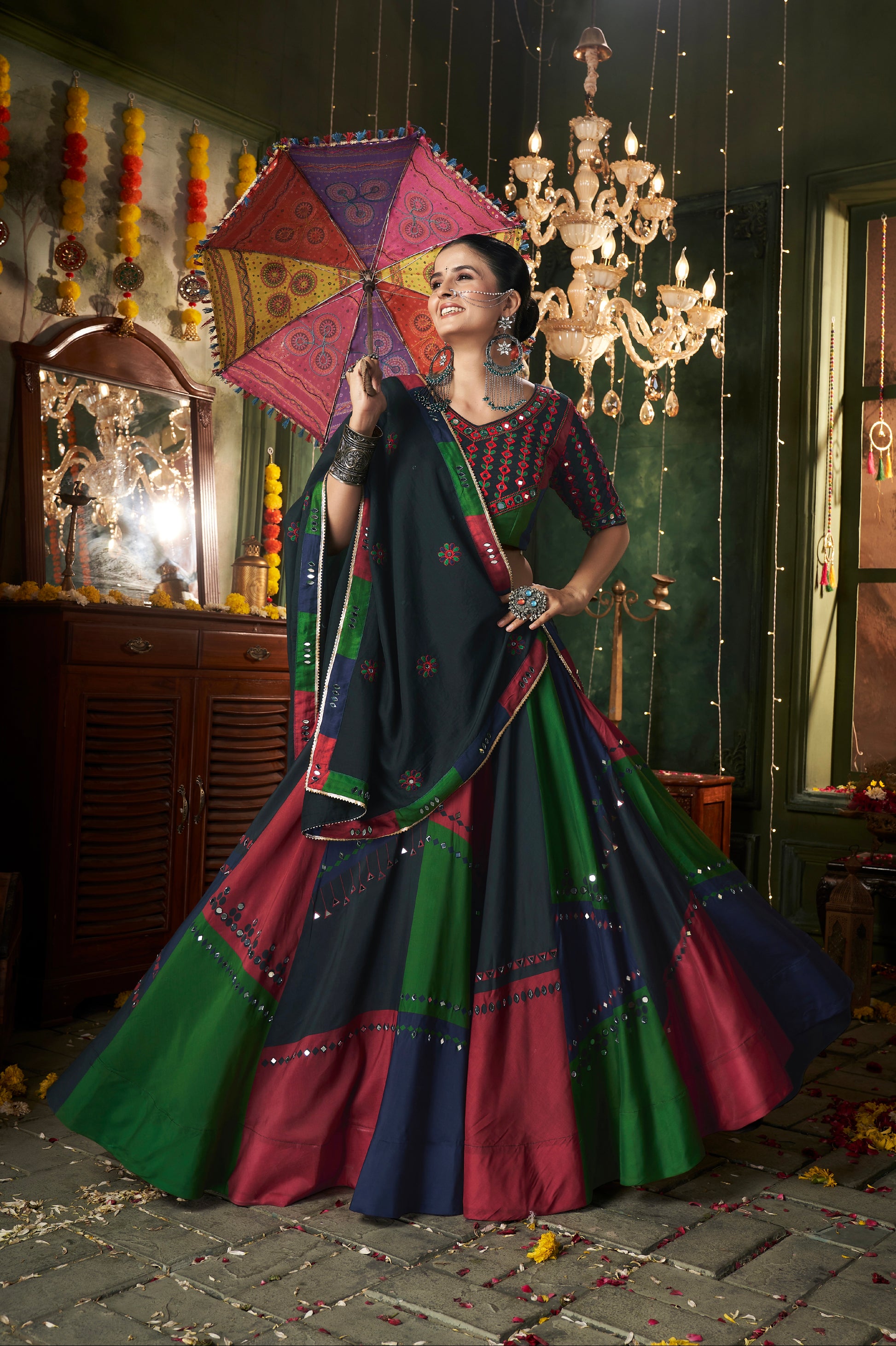 Multi-Color Maslin Cotton Chaniya Choli with Mirror Work