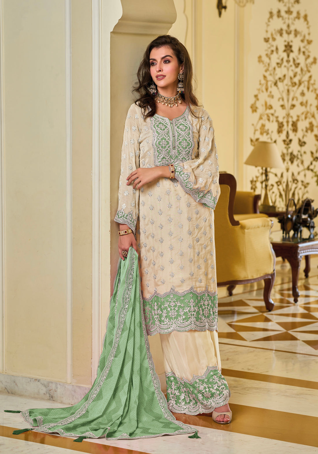 Green and White Sharara Suit with Detailed Embroidery