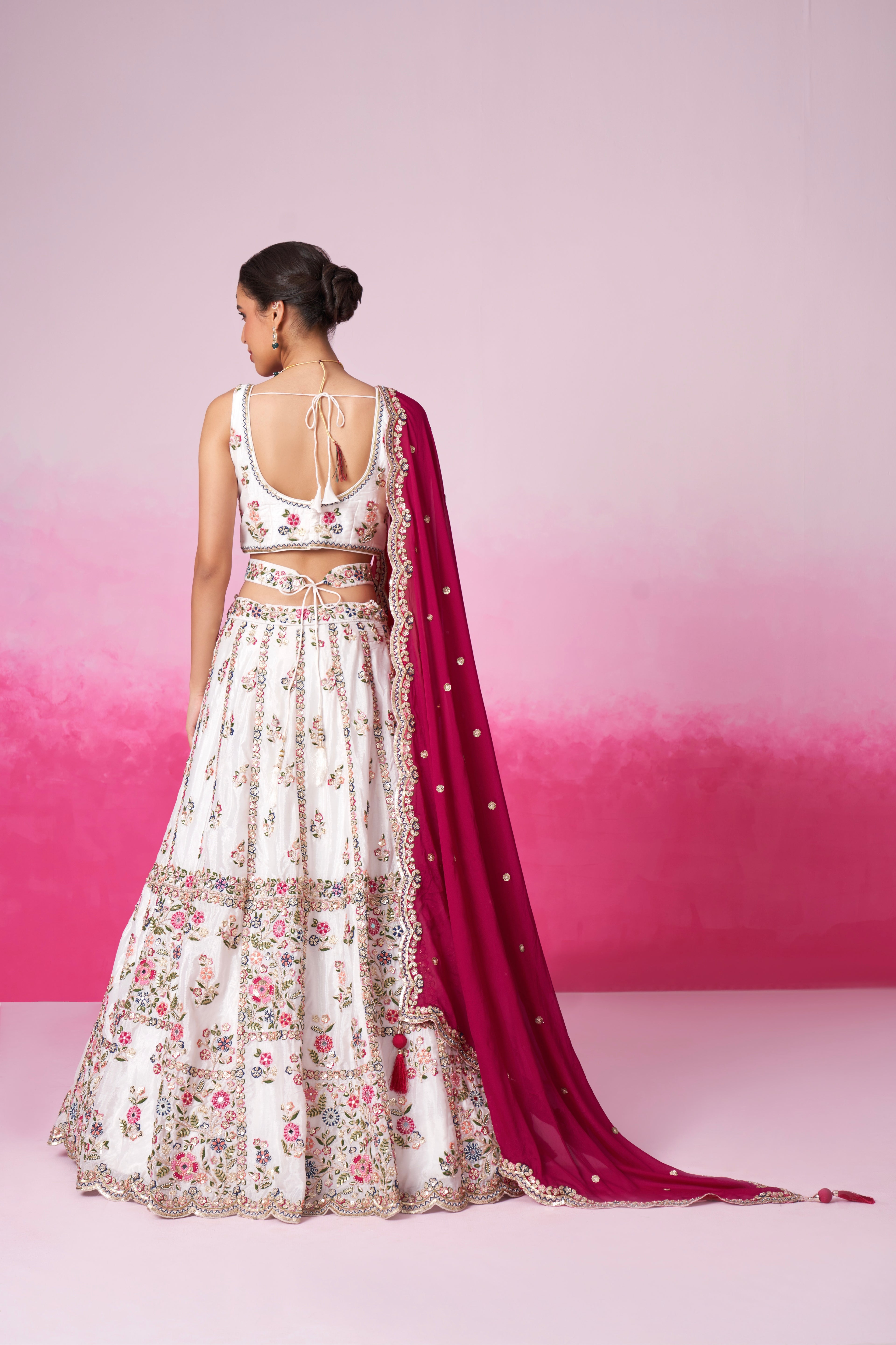 Cream Georgette Sequins Embroidery Bridal Lehenga Choli &amp; Dupatta