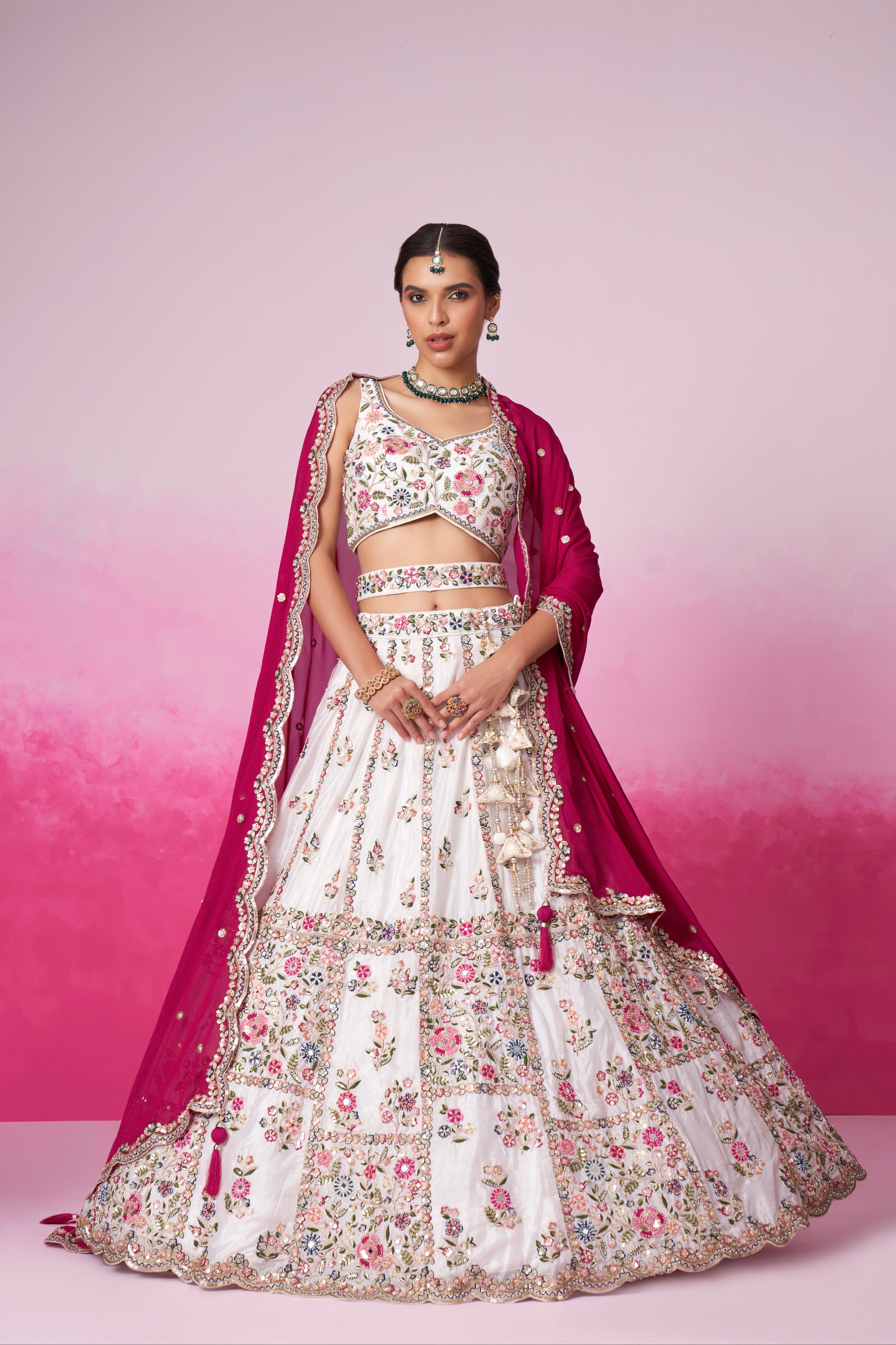 Cream Georgette Sequins Embroidery Bridal Lehenga Choli &amp; Dupatta
