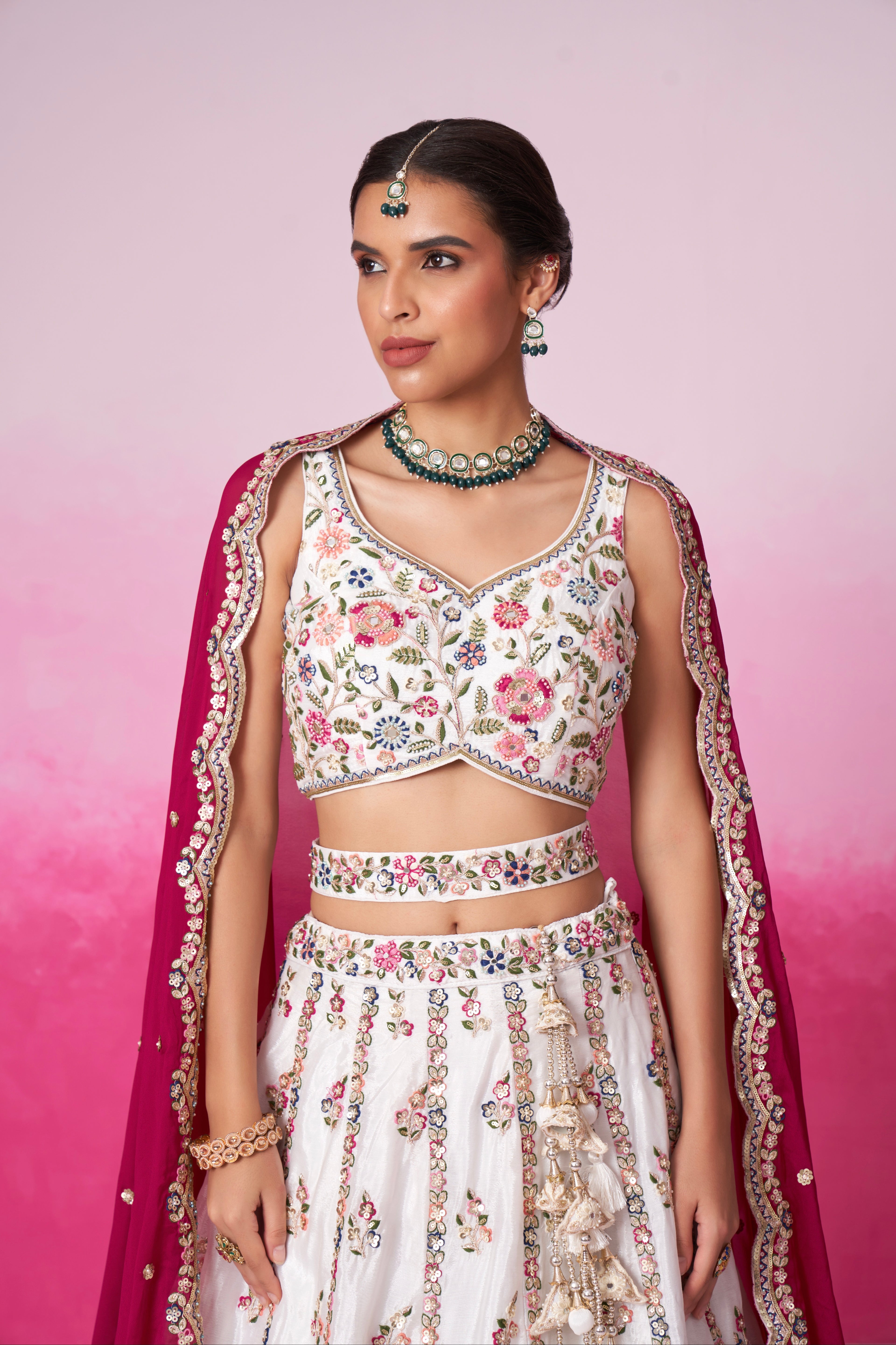 Cream Georgette Sequins Embroidery Bridal Lehenga Choli &amp; Dupatta