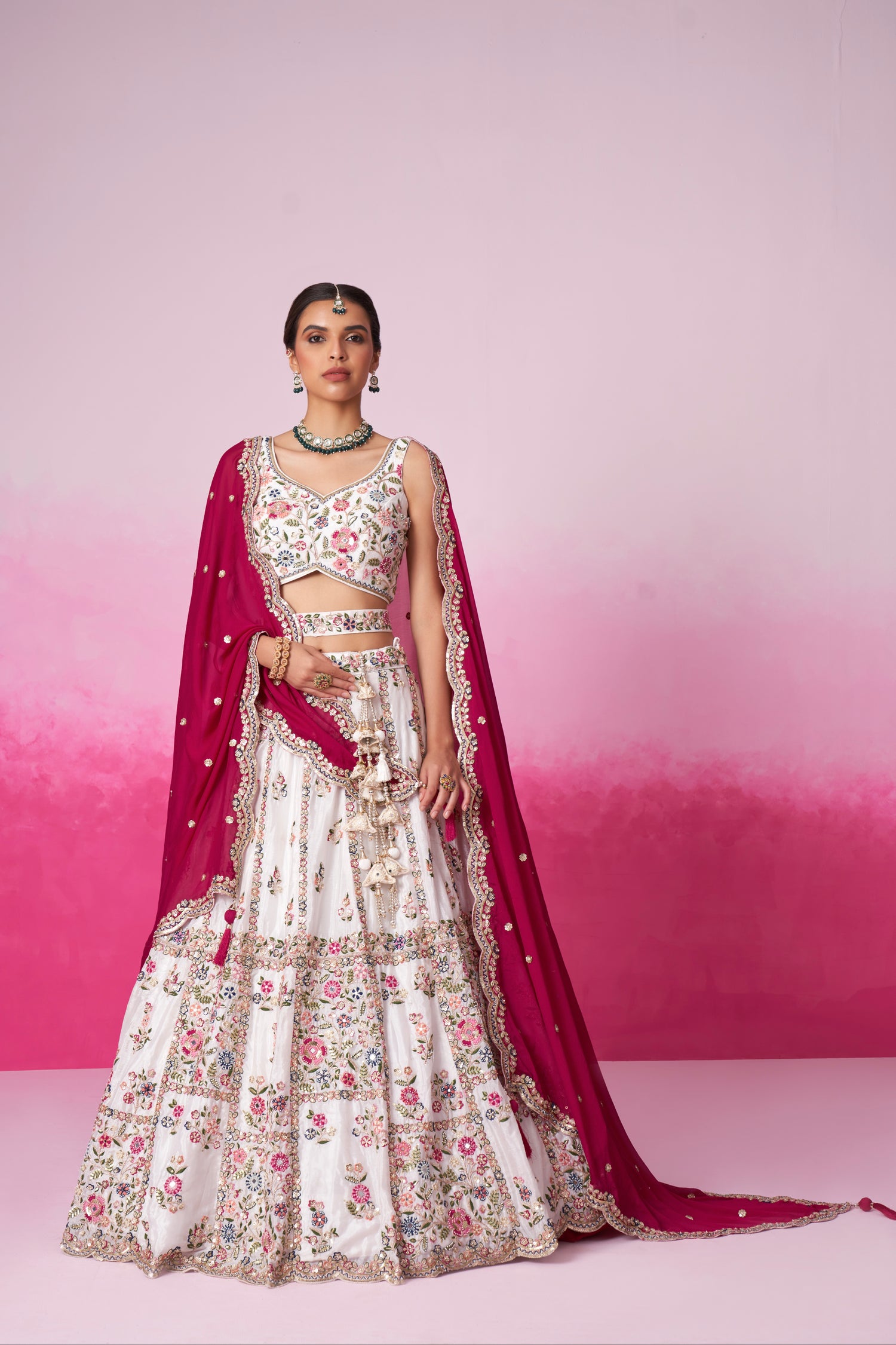 Cream Georgette Sequins Embroidery Bridal Lehenga Choli &amp; Dupatta