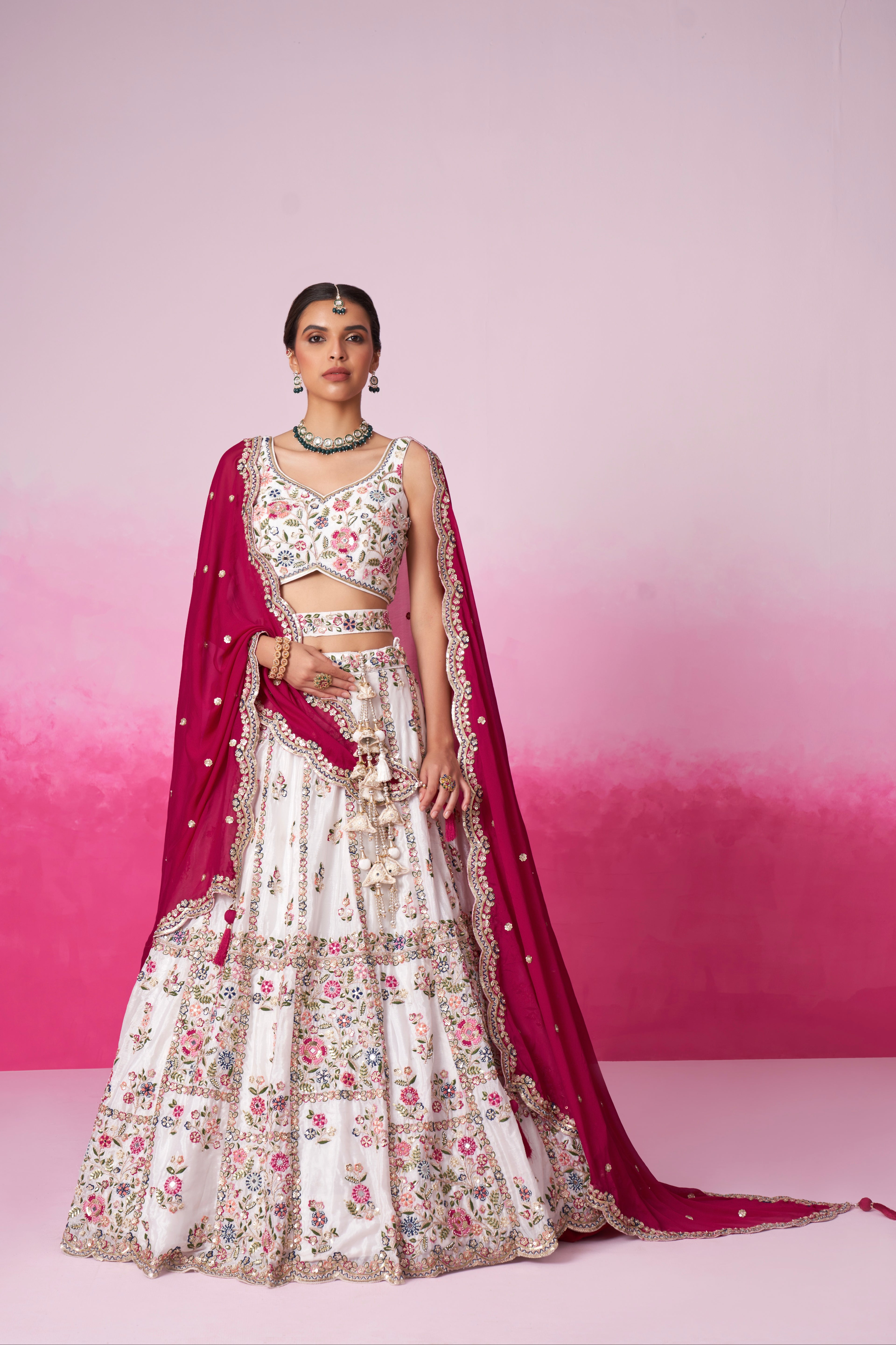 Cream Georgette Sequins Embroidery Bridal Lehenga Choli &amp; Dupatta